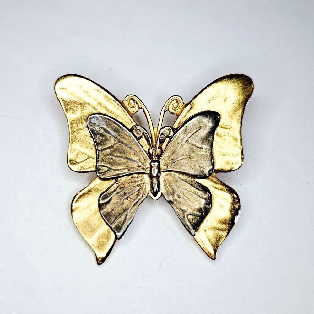 Vintage Signed Premier Designs Gold & Silver Tone Double Butterfly Brooch Pin